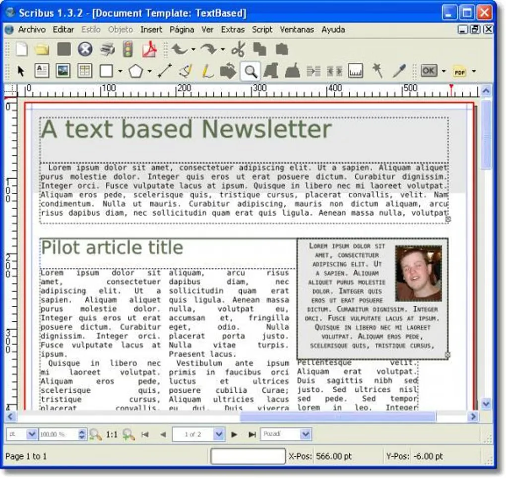 Historical Scribus 1.3.2 Windows interface showing a newsletter with text columns, a photo frame and page-layout tools.
