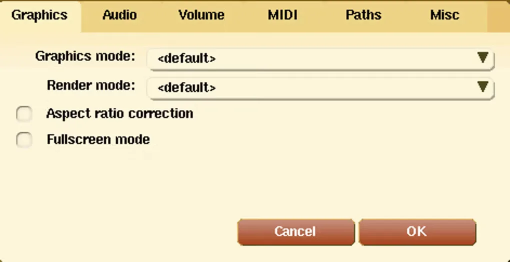 Historical ScummVM settings dialog showing graphics and render modes, aspect-ratio correction and fullscreen controls