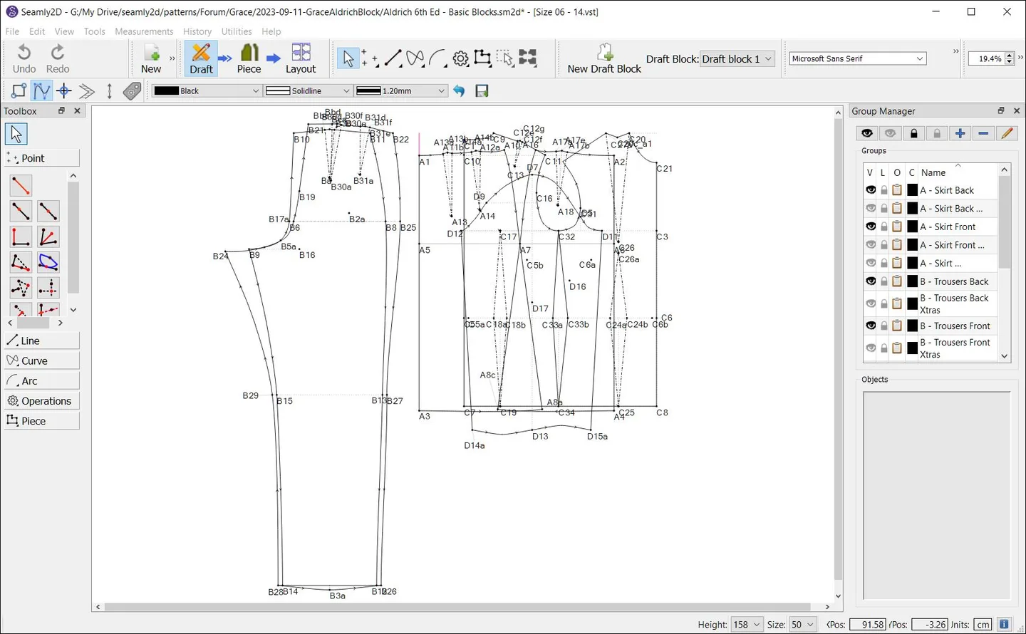 Seamly2D drafting workspace with garment blocks, construction points and Group Manager, shown on Windows as an illustration of the shared UI.