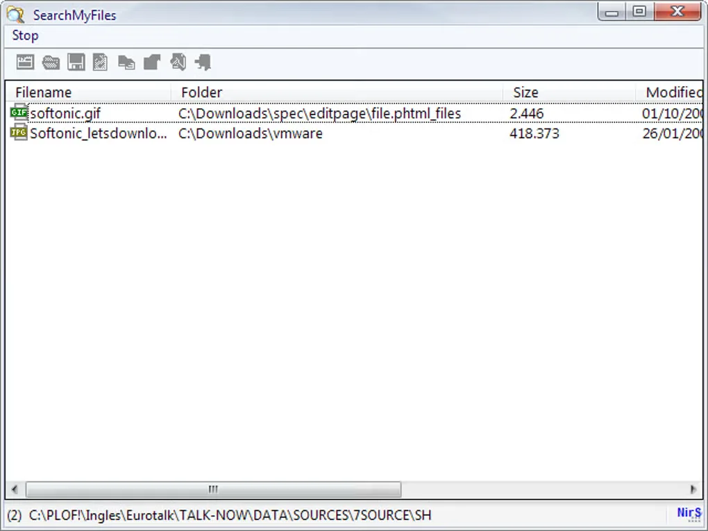 SearchMyFiles Windows results window showing two matching files with filename, folder, size and modified-time columns.