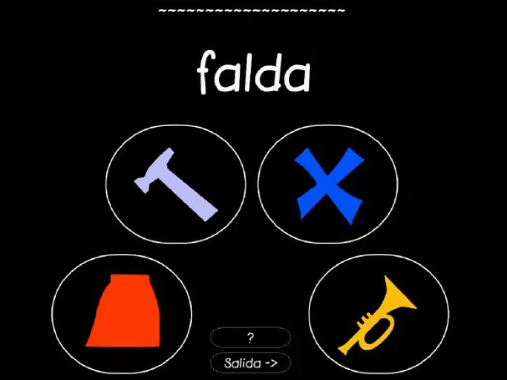 Sebran's ABC Spanish picture-choice exercise showing falda and four illustrated answers