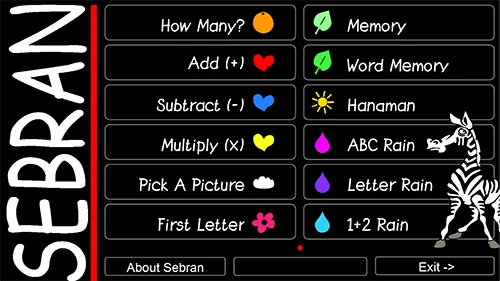 Sebran's ABC English main menu showing counting, arithmetic, word and keyboard games