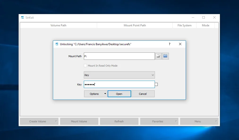 SiriKali on Windows unlocking a securefs folder at drive P:, with a masked key field; separate optional frontend.