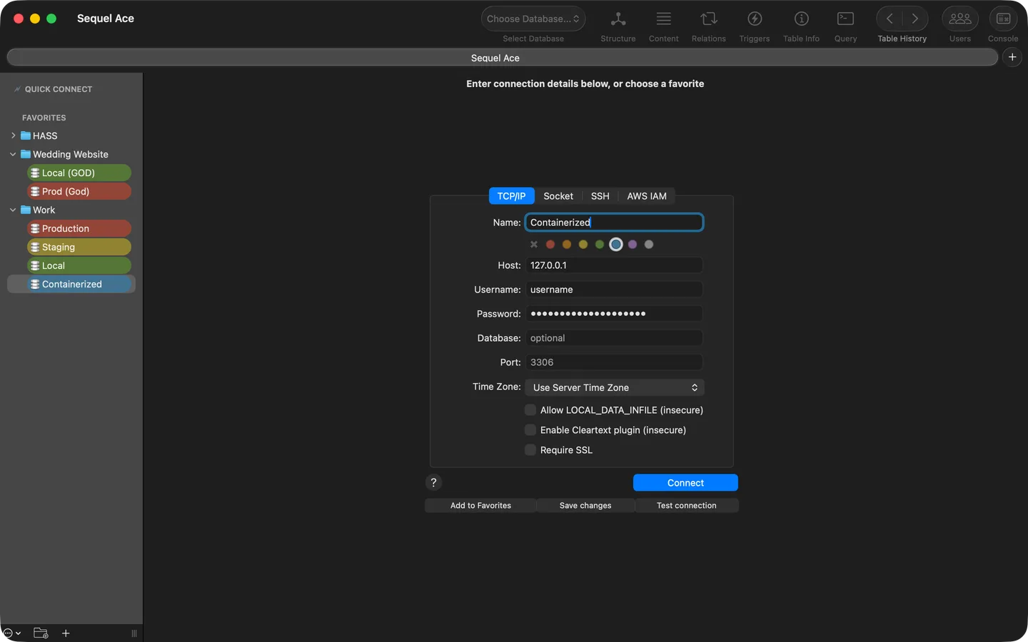 Sequel Ace on macOS showing grouped connection favorites and the TCP/IP connection form, with Socket and SSH tabs.