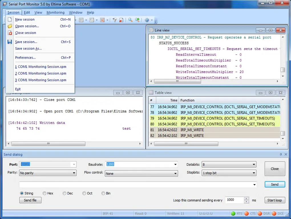 Historical Serial Port Monitor 5.0 Windows UI showing COM1 traffic, Line and Table views, the Session menu and Send dialog
