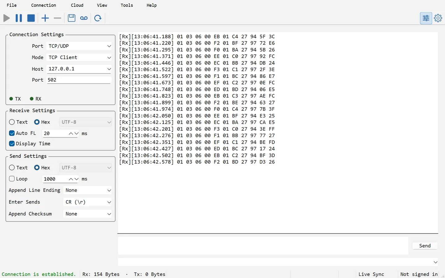Serial Port Utility desktop UI with a TCP client connection, timestamped Hex receive data and send settings.