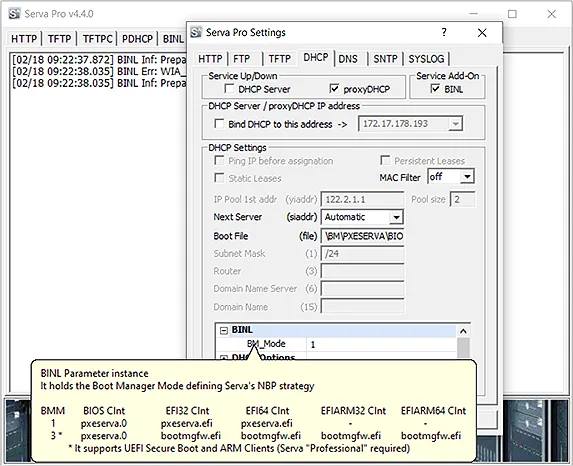 Publisher screenshot of Serva Pro 4.4.0 showing DHCP settings and a BINL boot-manager tooltip; older interface illustration