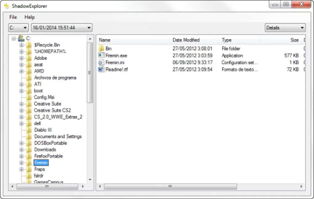 ShadowExplorer on Windows showing drive and snapshot-date selectors, a folder tree and a file-details pane.