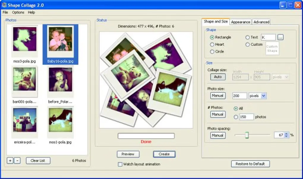 Historical Shape Collage 2.0 Windows window with photo thumbnails, collage preview and shape-and-size controls