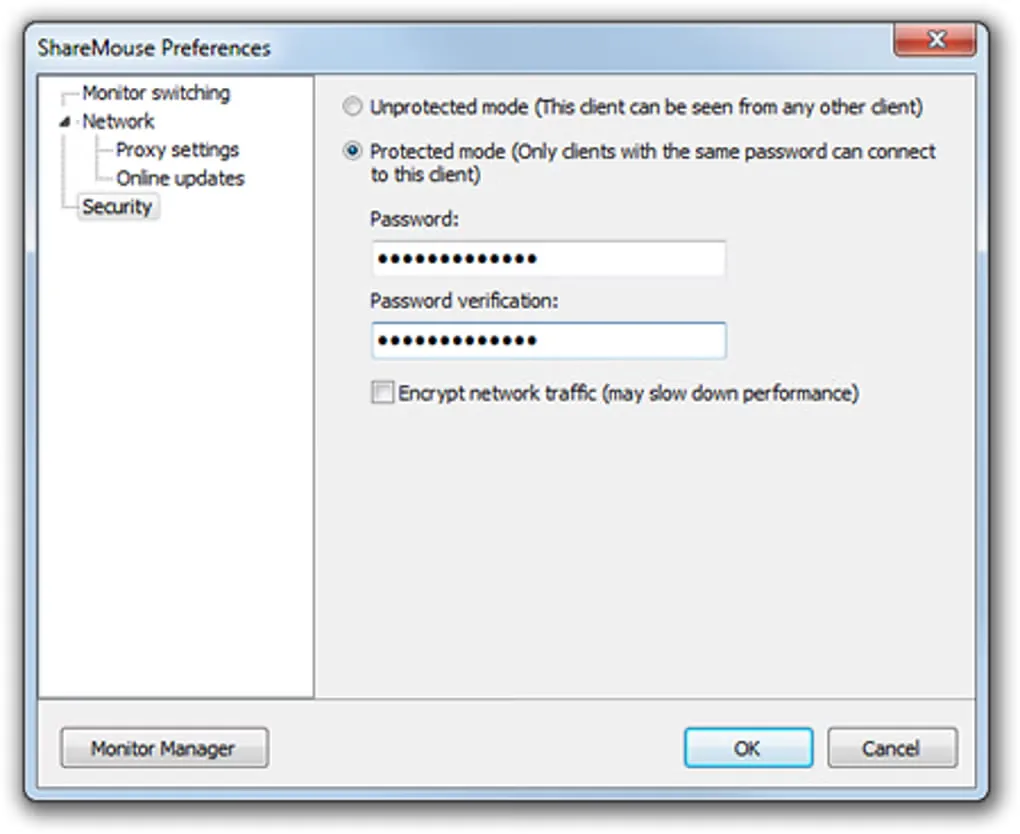Older ShareMouse Preferences window on Windows showing password protection and the network encryption option