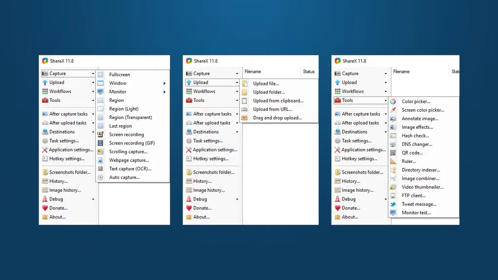Historical ShareX 11.8 for Windows screenshot showing Capture, Upload and Tools menus; appearance differs from version 21.0.0.