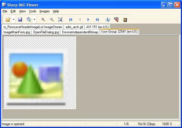Sharp IMG Viewer desktop window with resource tabs, image preview on a transparency grid, toolbar and status bar