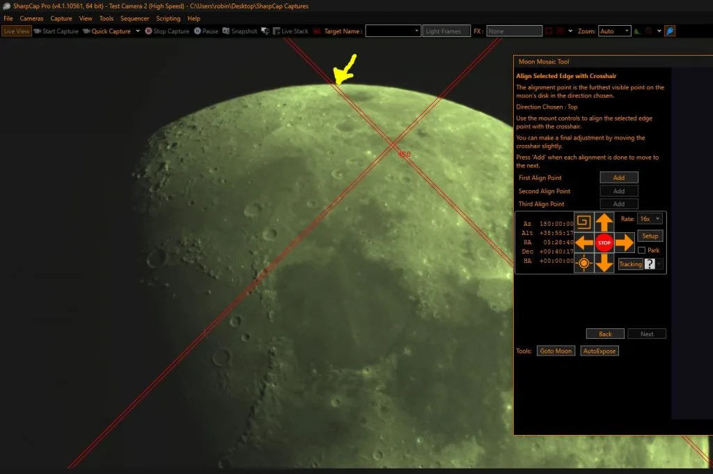 Publisher screenshot of SharpCap Pro 4.1 Moon Mosaic Tool with lunar preview, alignment crosshairs and telescope controls