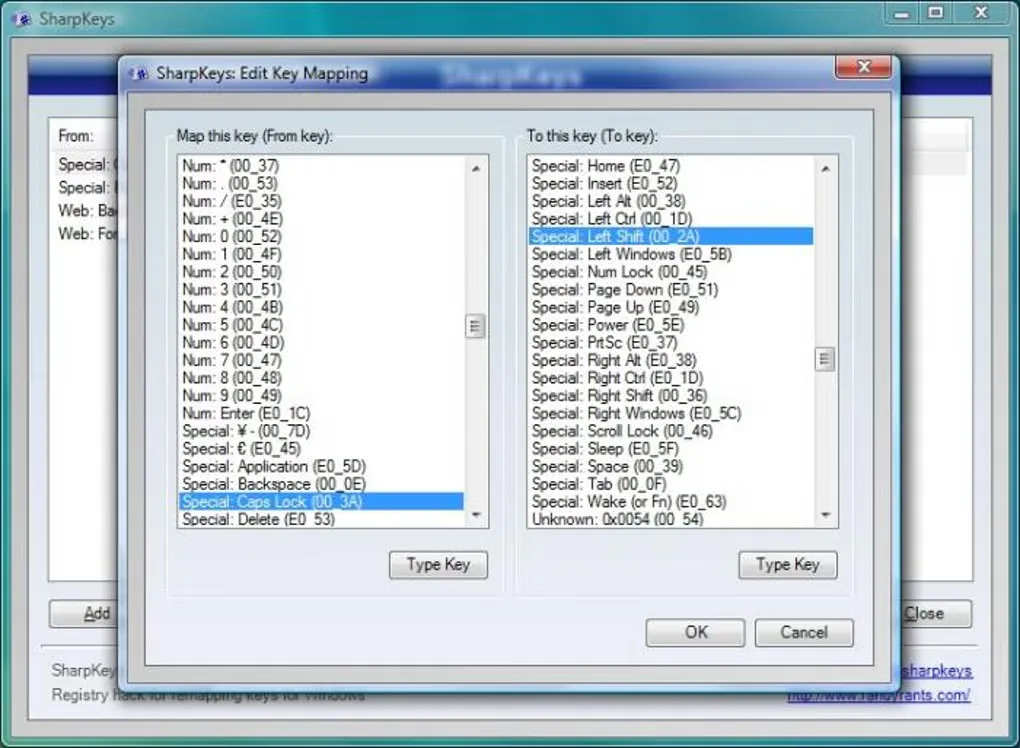 SharpKeys Edit Key Mapping dialog with Caps Lock selected as the source key and Left Shift as the destination.