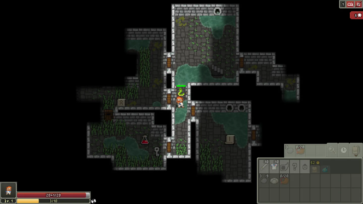 Shattered Pixel Dungeon desktop-style gameplay showing a hero in sewer rooms, health bars and an open inventory panel.