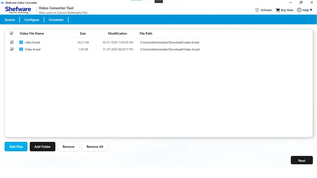 Shefware Video Converter on Windows showing two selected video files, their sizes and paths, and Add Files and Add Folder controls