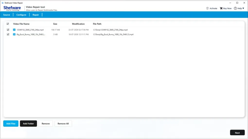 Shefware Video Repair for Windows showing two selected video files and Add Files, Add Folder and Next controls