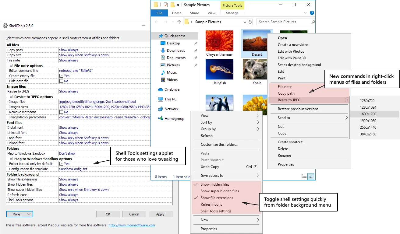 Publisher's historical Shell Tools 2.5.0 screenshot showing settings and highlighted File Explorer context-menu commands