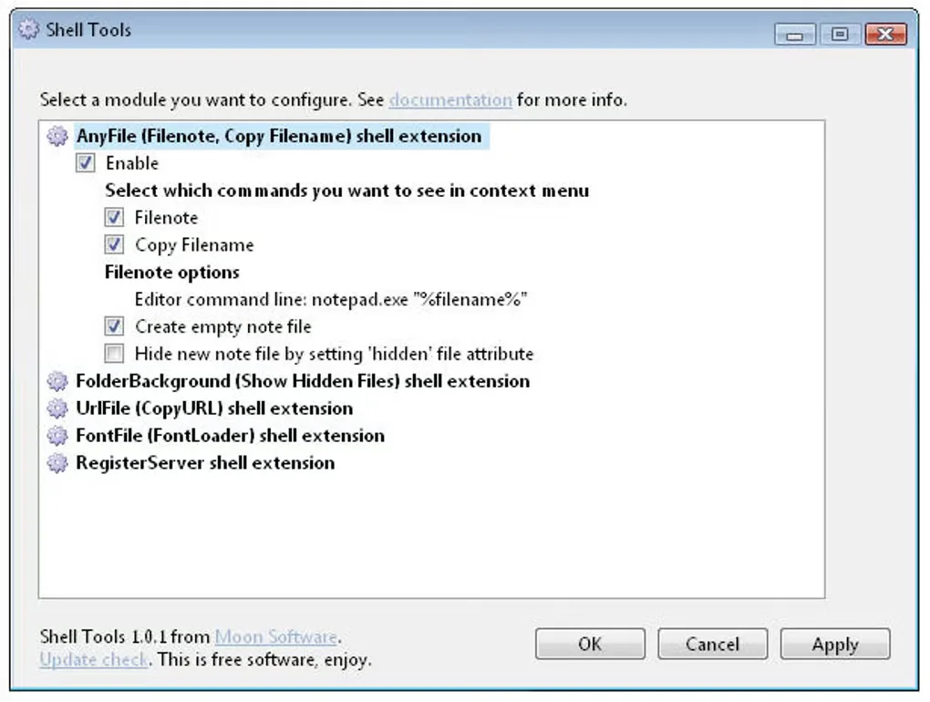 Historical Shell Tools 1.0.1 settings window from Softonic's gallery, showing Filenote and Copy Filename options