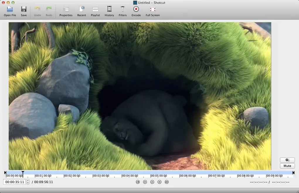 Older Shotcut Mac interface with a video preview, playback controls and clip seek bar