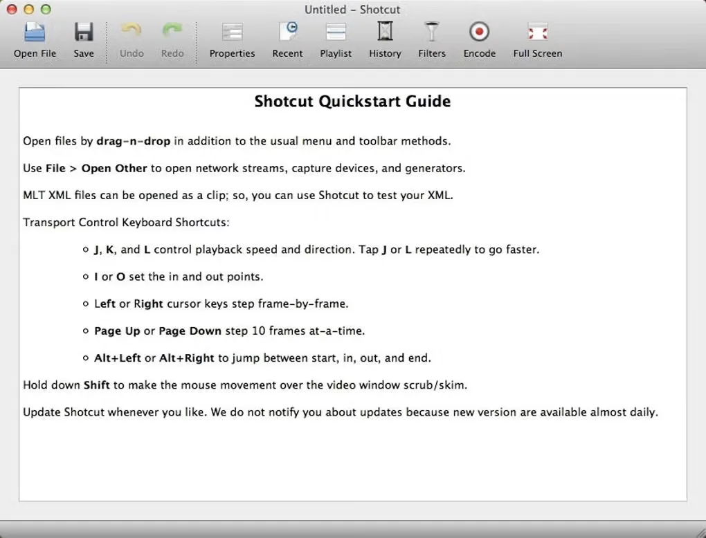 Older Shotcut Mac window displaying its Quickstart Guide and editing toolbar