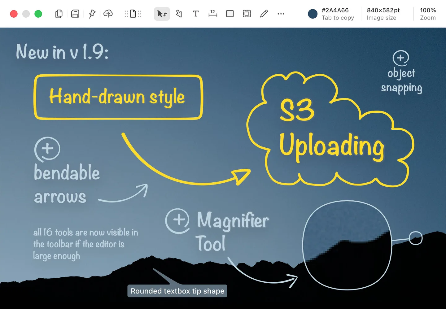 Shottr Mac editor with annotation toolbar, hand-drawn arrows, text and a magnifier callout in the publisher’s v1.9 demonstration.