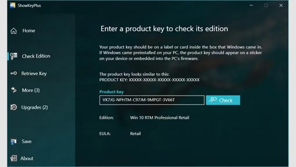ShowKeyPlus Check Edition screen showing a product-key field, Check button and Windows edition result.