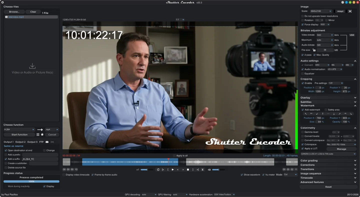 Publisher's Shutter Encoder v20.3 macOS interface showing a video preview, cut timeline and encoding controls
