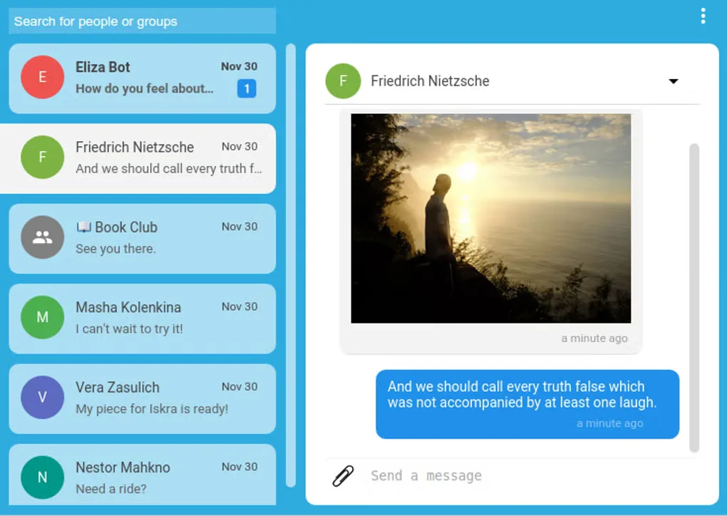Historical Signal desktop interface with a conversation list, shared photo, message bubble and compose field.