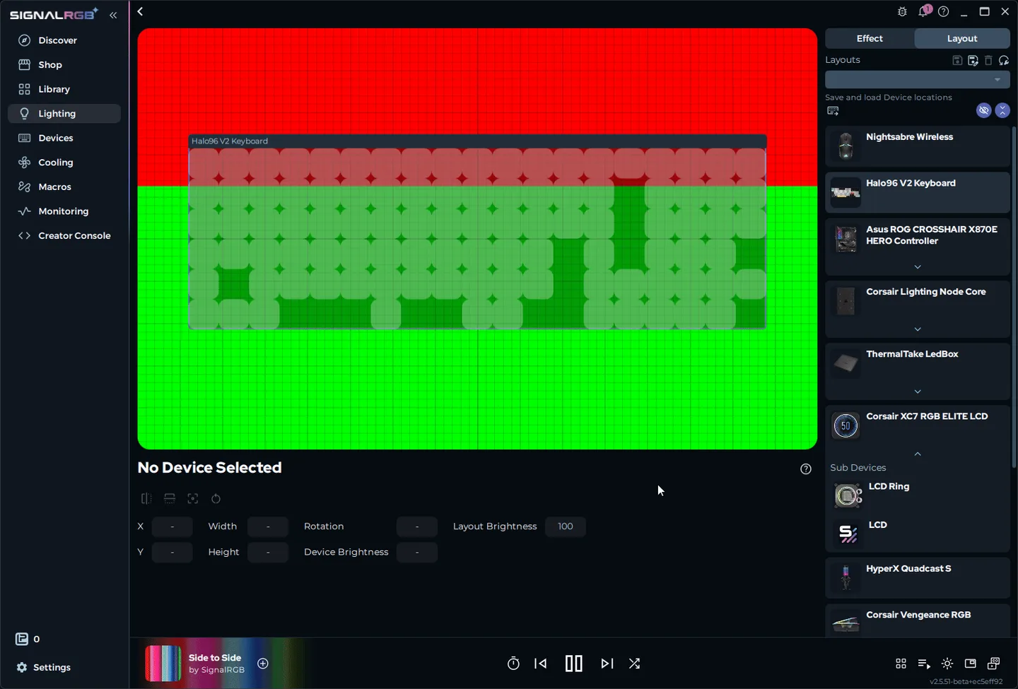 SignalRGB Lighting layout canvas with a Halo96 V2 keyboard, red and green effect regions, and detected RGB devices in the right panel