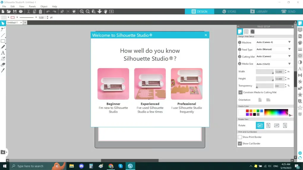 Silhouette Studio on Windows with the welcome dialog over the design workspace and Page Setup panel