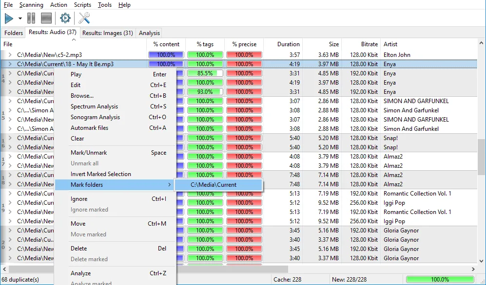 Similarity Windows audio results table with content, tag and precise match percentages and an open file-action context menu