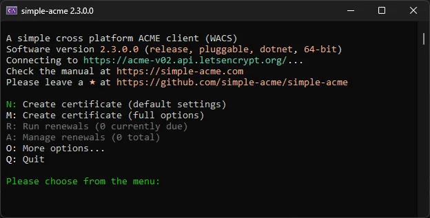 Publisher screenshot of simple-acme 2.3.0.0 on Windows, showing certificate creation and renewal menu options