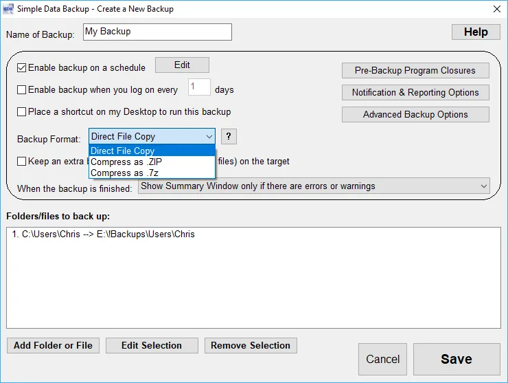Simple Data Backup Create a New Backup window showing schedule controls, Direct File Copy, ZIP and 7z choices, and source-to-destination folder selection.