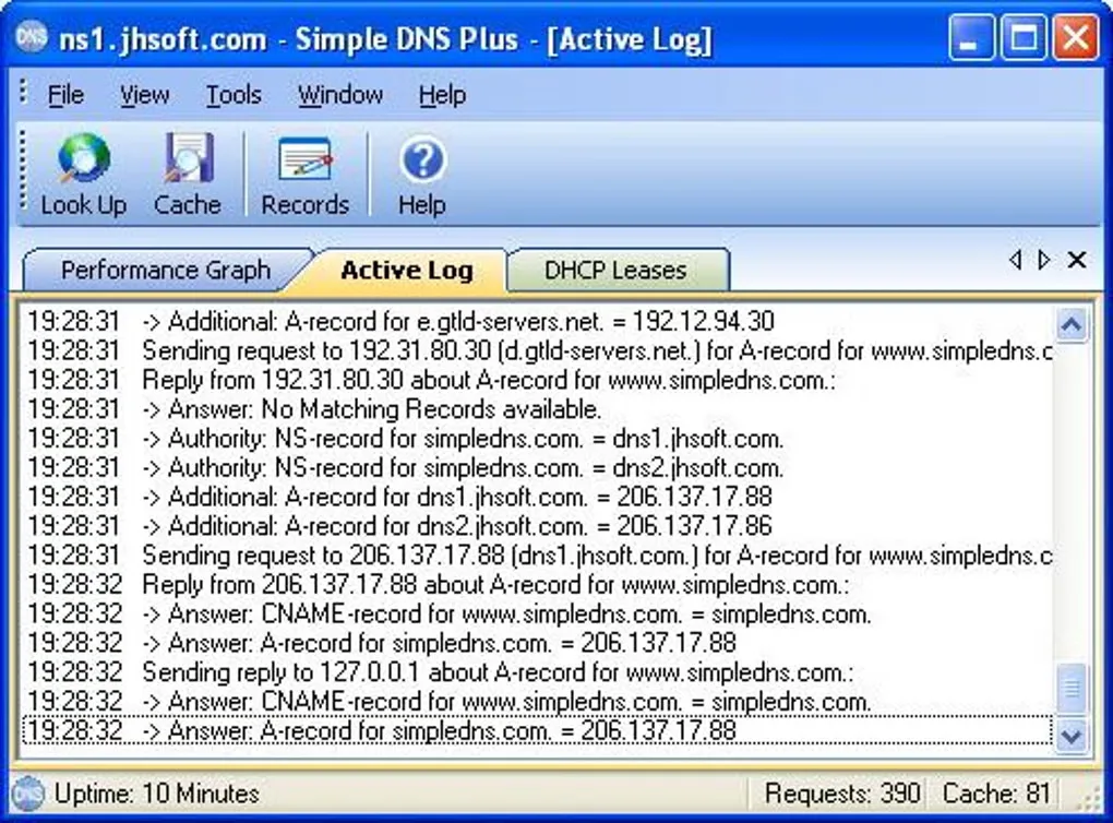 Historical Simple DNS Plus Windows interface showing the Active Log with DNS queries and replies