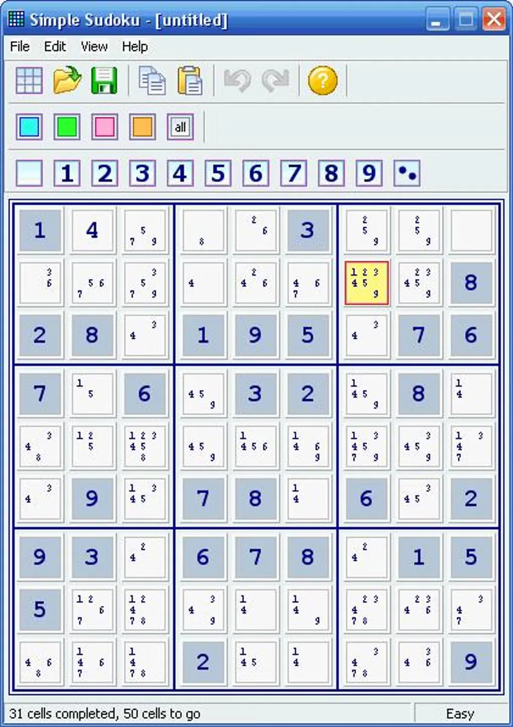 Simple Sudoku Windows window with a partially solved grid, candidate numbers, color markers and number filters.