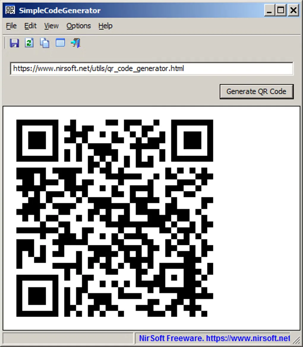 SimpleCodeGenerator window with a NirSoft URL entered above the Generate QR Code button and a large QR-code preview