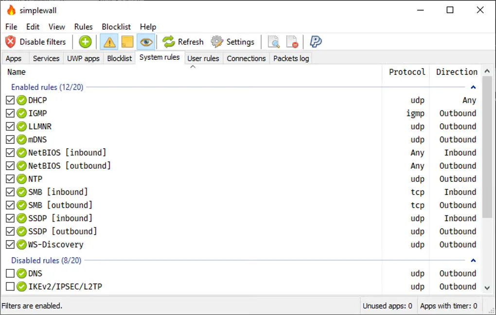 simplewall on Windows showing enabled and disabled system rules, protocol and direction columns, and the Disable filters toolbar button