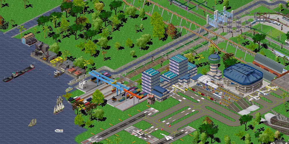 Publisher-featured Simutrans gameplay scene showing an airport, harbour, roads and railway infrastructure