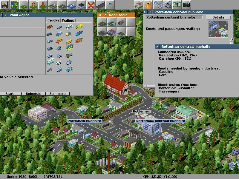 Historical Simutrans 0.81.35 interface with a road depot, road tools and bus-stop information over a town map; not version 125.0