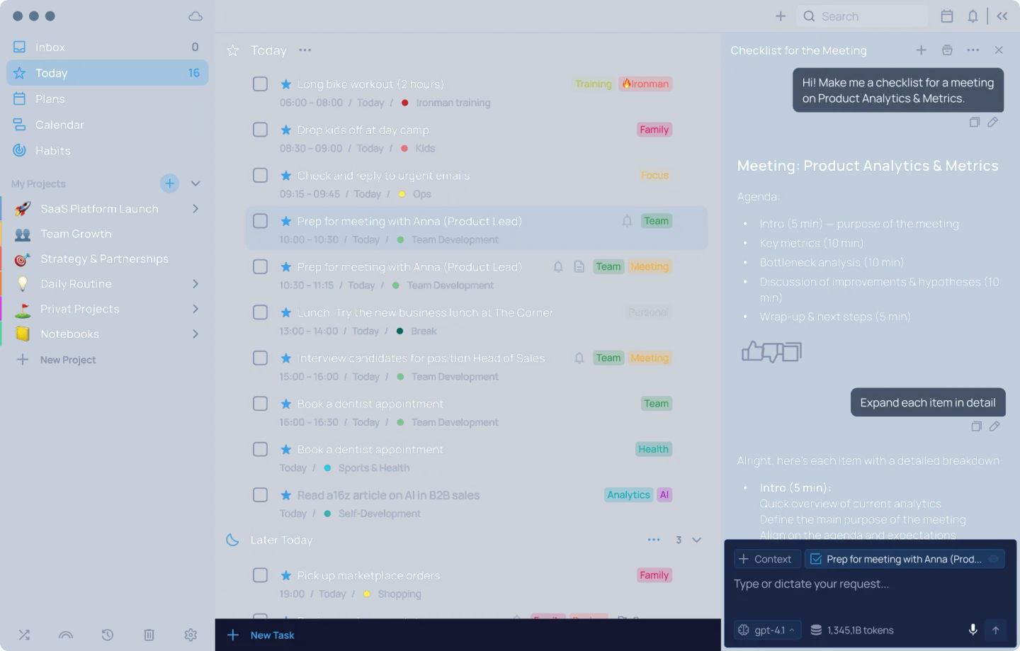 Publisher desktop screenshot of SingularityApp showing Today tasks, project sidebar and an assistant panel with a meeting checklist.