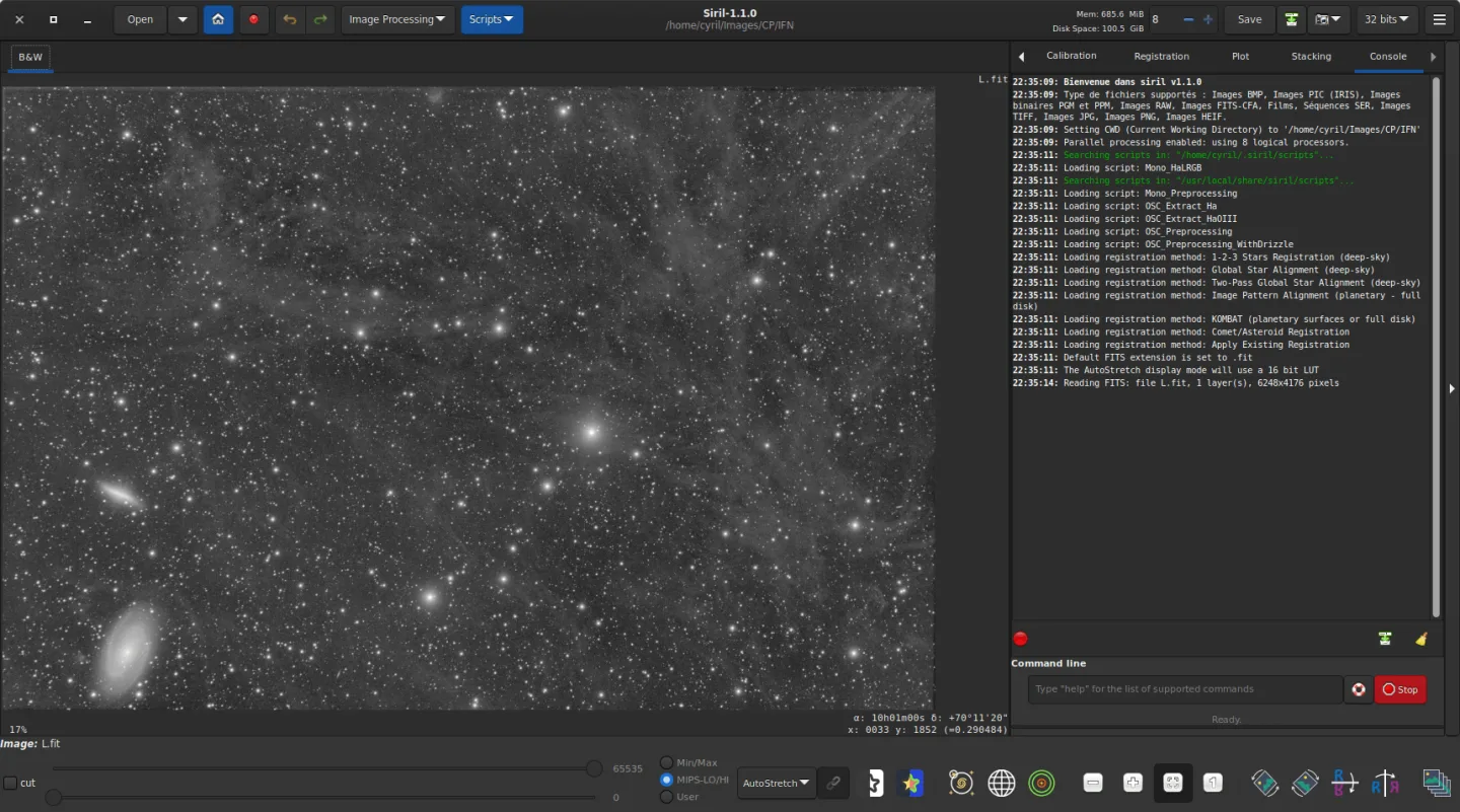 Siril 1.1.0 on Linux in the publisher documentation, showing a star field, processing tabs and console
