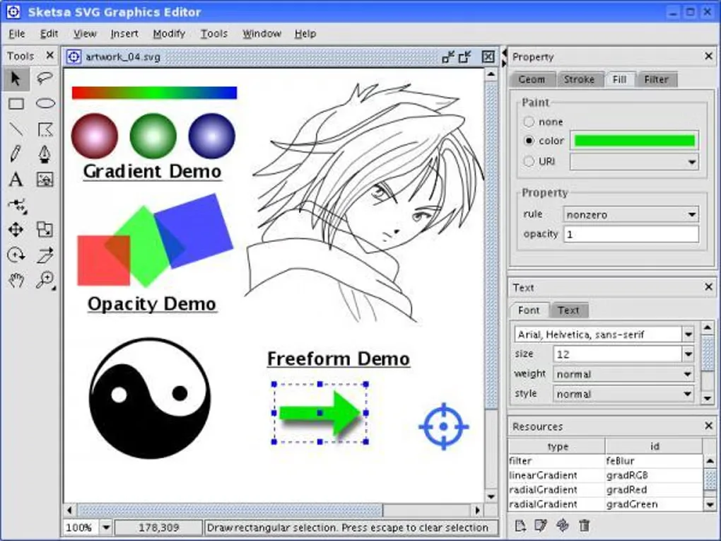 Historical Sketsa SVG Graphics Editor Windows interface with SVG artwork, drawing tools, fill properties and resources panels