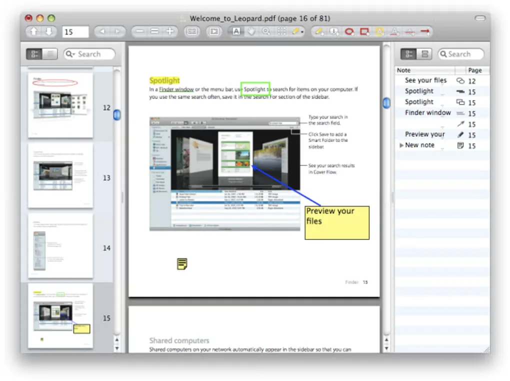 Skim's legacy Mac PDF window with page thumbnails, highlighted text, a yellow annotation and the notes sidebar.