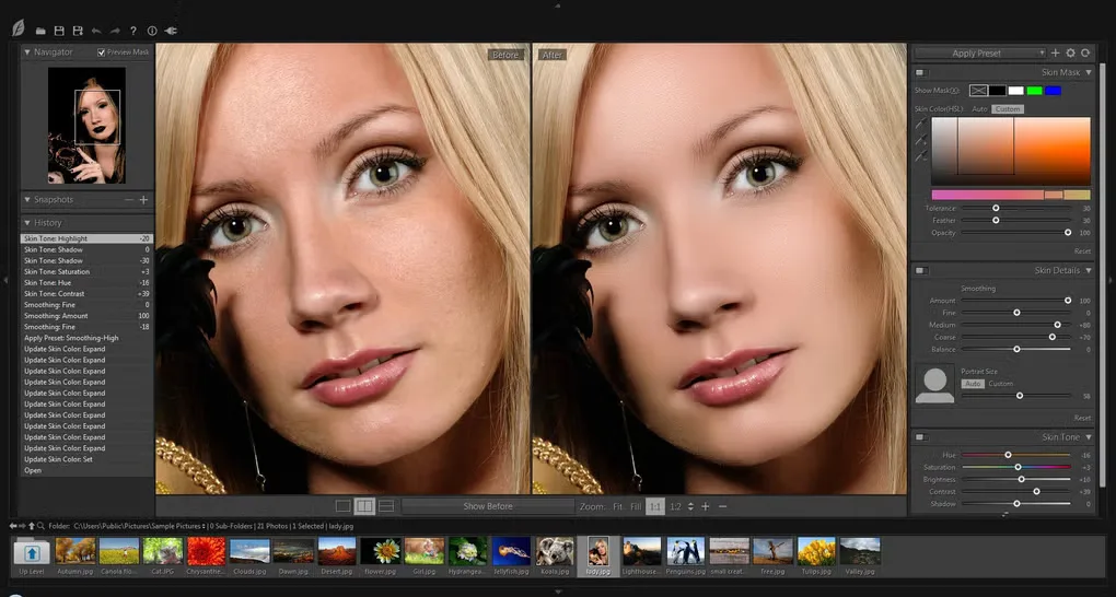 SkinFiner portrait editor showing side-by-side before and after views, editing history, skin controls and a photo filmstrip.