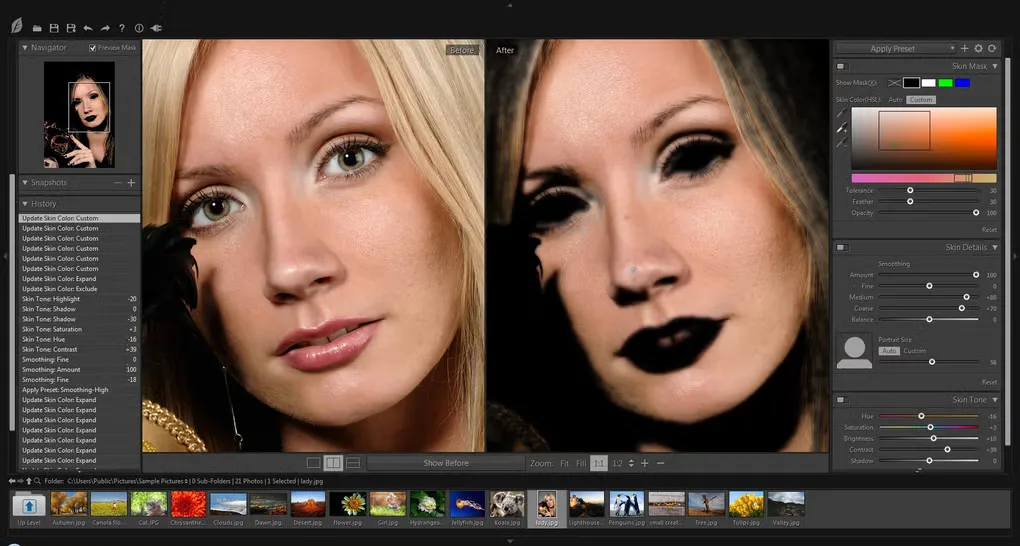 SkinFiner before-and-after portrait preview with a strongly altered result, skin-color controls, editing history and a bottom photo filmstrip.