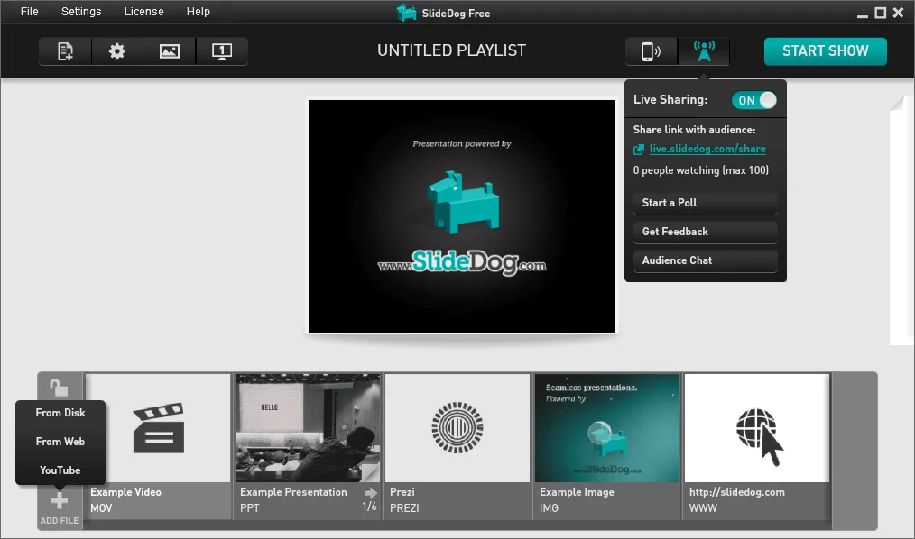 Publisher screenshot of SlideDog edit mode with a media playlist, Start Show button and Live Sharing panel.