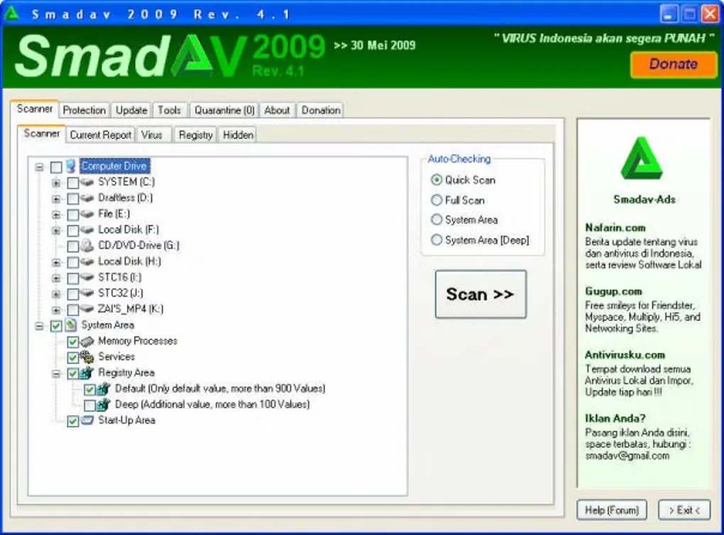 Historical Smadav 2009 Rev. 4.1 Windows scanner showing drive selection and scan modes; not the 2026 interface