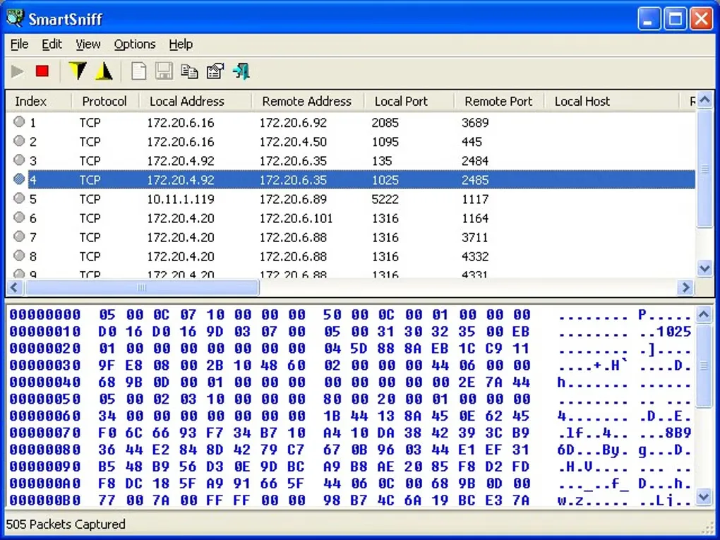 SmartSniff Windows interface with local and remote TCP addresses, port columns and a hexadecimal data pane