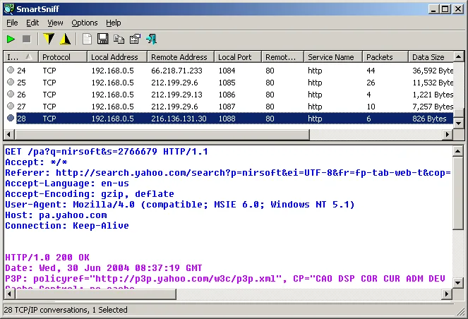 SmartSniff on Windows showing TCP conversations above a selected HTTP request and response in the ASCII pane